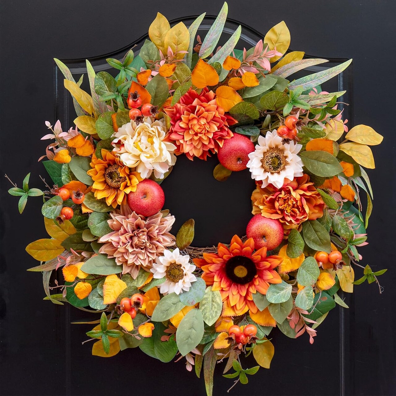 24" Fall Wreath for Front Door - Large Autumn Wreath with Artificial Apples, Dahlias & Sunflowers - Farmhouse Harvest Decor for Outdoor Porch, Wall & Window